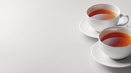 Two cups of tea are placed on saucers, presented against a clean, neutral backdrop. The tea exhibits a rich, amber hue, contrasting with the bright white porcelain. The composition offers a balanced arrangement, possibly suitable for editorial uses, or product displays. The scene is bathed in soft lighting.の素材