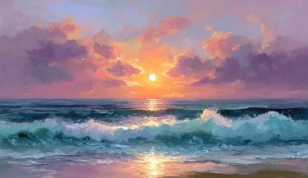 A painting depicts a sunset over a body of water with active waves. The sky transitions through shades of pink, orange, and purple, illuminated by the setting sun. The artistic style showcases brushstrokes and color blending. This artwork may be suitable for backgrounds, editorial illustrations, or decorative purposes.の素材