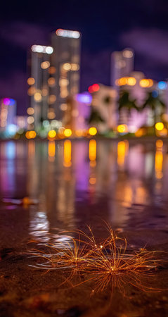 A nighttime cityscape is reflected in the water, showcasing blurred lights and tall buildings. The foreground reveals a water surface with illuminated elements. The scene features a mix of colors, creating a visually interesting composition. Suitable for commercial and editorial applications, this image offers various potential uses.の素材