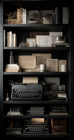 A dark, vertical composition depicts a full bookshelf laden with books, stationary, typewriters, and vintage decor. The lighting creates shadows and highlights the various textures, like paper, wood, and metal. This could be used for editorial content or creative projects, suggesting an atmosphere of nostalgia and history.の素材