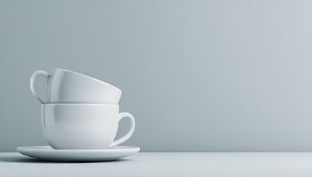 Two white teacups are neatly stacked, resting on a matching saucer, against a muted gray backdrop. The composition features clean lines and simple geometry, with smooth textures and soft lighting. This minimalist aesthetic is suitable for various commercial purposes, including product displays and lifestyle concepts.の素材