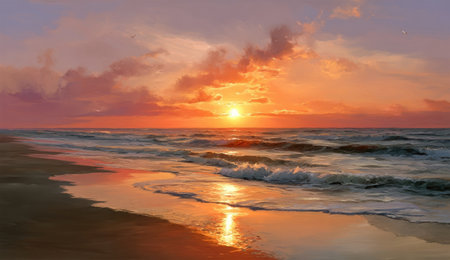A radiant sunset bathes the ocean in warm hues. The composition features gentle waves rolling towards the sandy shoreline, mirroring the colorful sky. The overall lighting is soft and diffused, creating a serene atmosphere. This image is suitable for various commercial uses, including travel and nature themes.の素材