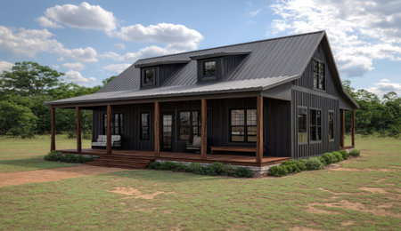 The image features a modern farmhouse with dark siding, a porch, and a gray metal roof. The exterior design utilizes a classic aesthetic. The composition features good lighting, with a clear sky in the background, suitable for a range of commercial applications. The house is placed in a natural setting.の素材