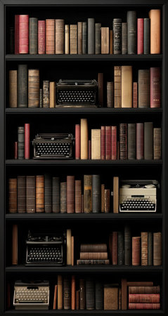 This image showcases a dark bookshelf filled with numerous antique books and vintage typewriters. The composition presents a vertical arrangement with various book sizes and colors, creating a visually rich texture. The lighting appears soft, hinting at an indoor setting. This image could be suitable for editorial use, or for projects related to literature, history, or writing.の素材