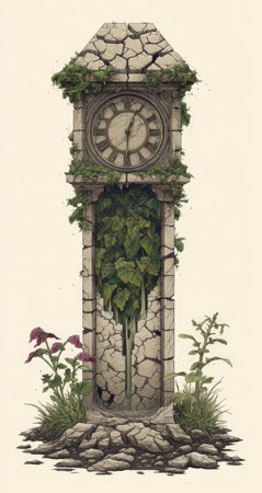 A tall stone clock tower, weathered and cracked, is covered in lush green foliage. The antique clock face is visible, showing the time. The illustration features a vertical composition with neutral background. The scene evokes a sense of age and nature. Suitable for various editorial or commercial projects.の素材