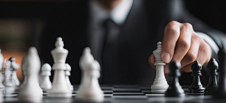 A person in a suit is playing chess. The image displays a close-up shot of a chessboard with pieces. It showcases a monochrome composition, with contrasting dark and light elements. It can be used for business, finance, or strategy articles and publications. The scene creates a feeling of focus and contemplation.の素材