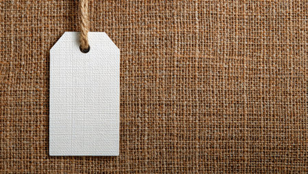 A white rectangular tag hangs from a natural rope against a woven brown fabric. The composition features a close-up view, emphasizing textures and the empty tag. The warm tones and simple design suggest potential use in advertising or promotional materials, offering copy space for various applications.の素材