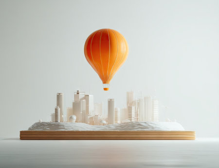 An orange hot air balloon hovers over a miniature cityscape. The scene showcases a modern aesthetic with light and shadow, featuring stylized skyscrapers. Rendered in a simple, clean style, it can be used for various commercial projects and editorial content. The composition is centered against a neutral backdrop.の素材