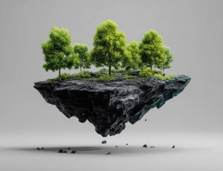 A digital rendering presents a floating island densely populated with vibrant green trees. The island itself is composed of dark, textured rock. The composition utilizes overhead lighting, casting soft shadows. This image is suitable for various commercial uses, including website design and marketing materials.の素材
