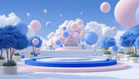 This 3D rendering presents a stage with pastel-colored balloons and stylized trees, set against a backdrop of clouds. The image displays a circular platform design with multiple levels. The style is soft and airy with a bright, clean look, suitable for backgrounds or illustrating concepts. The image is appropriate for various commercial applications.の素材