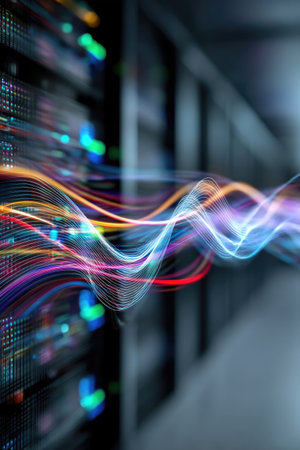 An artistic depiction presents a server room environment with blurred server racks. Flowing lines of light in various colors create a dynamic, abstract display. The composition uses a shallow depth of field, emphasizing the light trails. This image might be suitable for illustrating technology, data, or network concepts.の素材