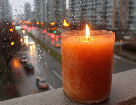A close-up view of a lit candle in a glass holder is the main subject. The warm orange flame contrasts with the cool, rainy background. Water droplets cling to the window as blurred city lights create an evocative backdrop. This image could be suitable for articles related to ambiance, relaxation, or spirituality.の素材