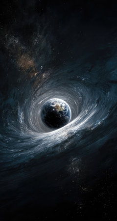 An artistic depiction presents Earth suspended within a dark, swirling cosmic formation. The image showcases the planet's blue and white features against a backdrop of deep blues and blacks. The illustration evokes a sense of vastness and mystery, possibly suitable for conceptual designs and editorial purposes.の素材