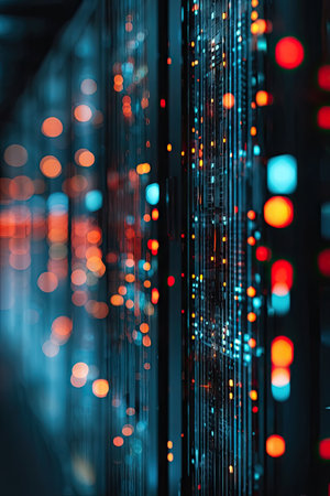 An abstract composition features a data stream visualized through bokeh light effects and vertical lines. The image displays a cool color palette of blues and oranges. The composition has a shallow depth of field, suggesting a futuristic or technological setting, appropriate for commercial and editorial purposes.の素材