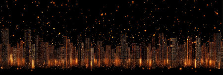 A nighttime cityscape is depicted with a silhouette of buildings illuminated by a golden glow. The image shows an abstract representation with vertical lines and a dark background. This visual could be utilized in commercial designs, illustrating urban themes or modern concepts, as well as editorial purposes.の素材