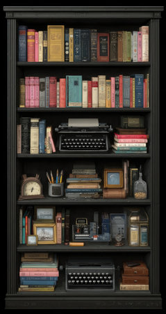 A dark bookshelf displays a collection of books of varying sizes and colors. Two typewriters, clocks, and other desk accessories are also visible on the shelves. The composition suggests a study or library setting. This image may be suitable for editorial and commercial projects.の素材
