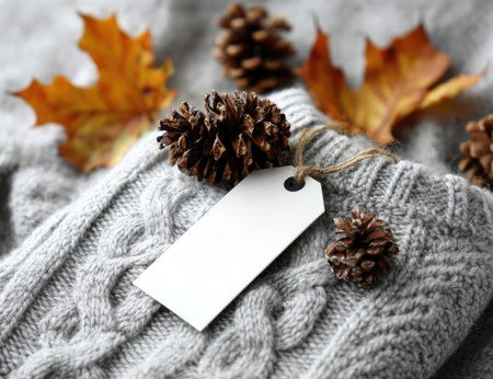 A close-up captures a blank tag resting on a gray knitted sweater, accompanied by pine cones and autumn leaves. The composition features a textured surface, warm color tones, and soft focus. Suitable for diverse applications, including advertising and seasonal projects.の素材