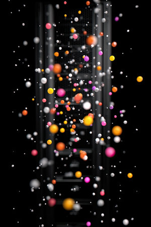This abstract image features numerous vibrant spheres in various sizes and hues, seemingly suspended against a stark black background. The composition employs a dynamic vertical arrangement with blurred edges, suggesting movement. The lighting creates highlights and shadows on the spheres. This image is suitable for use in design, marketing, and visual communication materials.の素材
