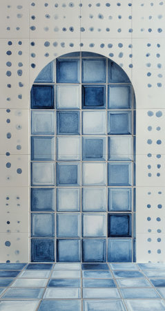 An artistic depiction presents a glass block wall within an arched doorway, showcasing a grid of blue and white squares. The composition includes a tiled floor and a wall dotted with abstract shapes. The image displays a contemporary style, suitable for various design applications and commercial purposes, emphasizing clean lines and geometric elements.の素材