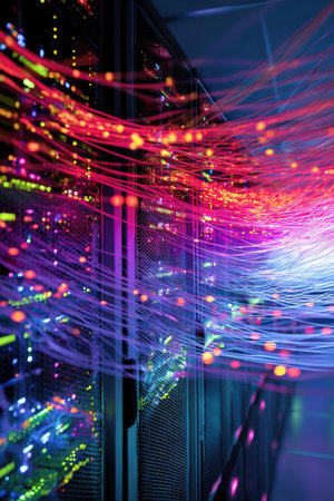 An artistic depiction showcases a server room with vibrant, glowing fiber optic cables. The image uses a blend of colors like red, blue, and purple, creating an energetic and modern aesthetic. The composition emphasizes light and shadow, suggesting a digital network environment, suitable for various technology and data-related applications.の素材