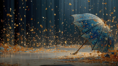 An umbrella stands open as rain falls, accompanied by numerous drifting leaves, creating a dynamic visual. The composition features rich colors, with cool blues and warm gold tones. The lighting suggests an outdoor environment, with elements potentially suitable for artistic or editorial projects.の素材