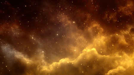 An artistic representation showcases radiant, cloud-like formations illuminated in shades of gold and orange against a deep, dark backdrop speckled with twinkling stars. The image employs soft textures and a dynamic composition, possibly for use in digital art, visual effects, or abstract design elements. It could be suitable for promotional materials or decorative purposes.の素材