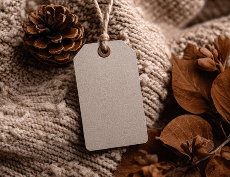 A blank tag is suspended against a backdrop of knitted fabric, accompanied by a pinecone and dried leaves. The composition showcases a neutral color palette, highlighting textures and patterns. Suitable for commercial projects, this image may be used to convey warmth and seasonal themes.の素材