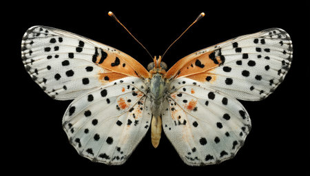 A butterfly with intricate wing patterns is shown against a dark backdrop. The insect displays white wings dotted with black markings and orange accents. The lighting highlights the texture and details of the wings, presenting a crisp and clear image suitable for various commercial uses and design projects.の素材