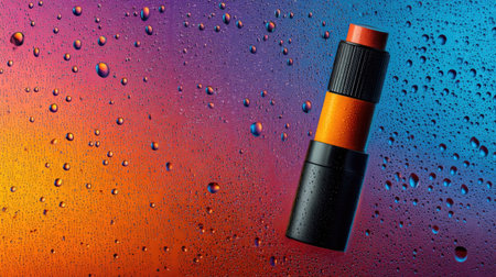A close-up shot features a cylindrical black and orange object against a vibrant, wet background. The composition includes multiple water droplets, creating a textured surface. The lighting appears soft, and the color palette is a gradient of oranges, purples, and blues. Suitable for various design projects and creative content.の素材