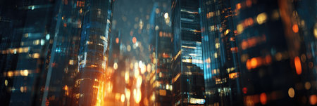 This image presents an abstract cityscape at night. Tall buildings are silhouetted against a dark background, highlighted by numerous bokeh lights. The composition is a blend of blues and oranges, suggesting the glow of city lights. This visual could be used for various commercial or editorial applications such as website backgrounds or design elements.の素材