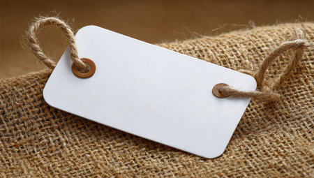 A white rectangular label with two holes and a twine cord rests on a rough, textured burlap sack. The label is clean and ready for text. The composition has warm lighting and earthy tones, suggesting an artisan or natural product. This image could be used for advertising, product mockups or design templates.の素材