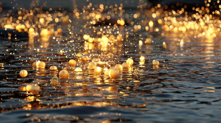An artistic depiction presents illuminated orbs floating above rippling water, bathed in warm light. The image features a shallow depth of field, highlighting the texture and reflections of the water surface. This visual effect might be suitable for decorative use, or as a background in commercial projects.の素材