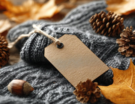 An overhead shot showcases a blank paper tag resting on a textured gray sweater. Surrounding the tag are autumn leaves, pine cones, and a single nut. The composition is lit by natural light, highlighting the textures and colors of the fall season. Suitable for visual concepts and general design.の素材