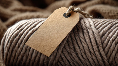 A close-up captures a roll of tightly wound twine with a blank label. The neutral color palette features varying shades of brown, creating a textured surface. The composition uses shallow depth of field, implying an indoor setting. This imagery can be used for projects related to crafts, textiles, or product presentation.の素材