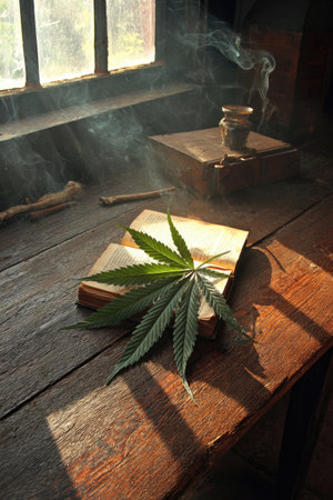 A cannabis leaf rests on an aged book on a wooden surface, with light streaming from a window. The composition features a shallow depth of field, with soft lighting and a warm color palette. This image could be used for editorial content or illustrations related to botany or natural themes.の素材