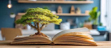 An open book displays a bonsai tree, showcasing concepts of growth and learning. The scene features warm tones from the book and tree, contrasting with the soft, diffused background. This visually rich composition could be suitable for educational materials, editorial content, or artistic projects.の素材