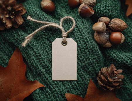 A close-up captures a blank tag suspended above a textured green fabric. Scattered around are brown nuts, dry foliage, and pinecones. The soft lighting and natural textures suggest an autumnal or winter theme. This image is suitable for various commercial projects, including marketing materials and website design.の素材