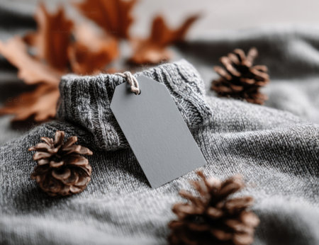 A close-up view presents a blank gray tag placed on a gray sweater, surrounded by scattered pine cones and dry orange leaves. The textile displays a knitted texture with soft focus. This arrangement suggests an autumnal aesthetic suitable for various commercial purposes, particularly related to seasonal promotions.の素材