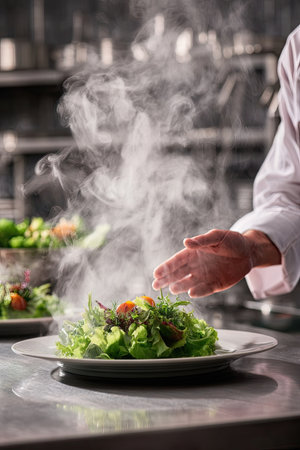 A chef prepares a plate of fresh salad with vegetables and herbs. Steam rises from the dish, illuminated by soft lighting. The scene features a shallow depth of field, highlighting the food. This image is suitable for culinary, health, and wellness content, as well as editorial and advertising materials.の素材
