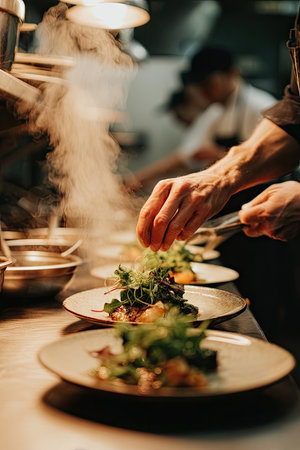 A chef meticulously plates food on a series of dishes in a restaurant kitchen. The composition features close-up details of the chef's hands and the plated meals, set against a backdrop of steam and ambient lighting. This image could be used for culinary publications, food blogs, or restaurant marketing.の素材