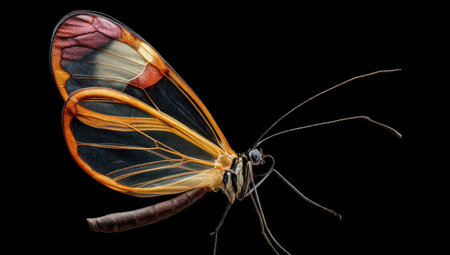 This close-up image showcases a butterfly with delicate, transparent wings. The wings display vibrant orange and red hues contrasted against the dark backdrop. The composition highlights the intricate details of the insect. Ideal for use in projects related to nature, insects, and design concepts.の素材