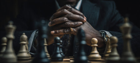 The image captures a close-up of a person's hands positioned over a chessboard, a visual representation of strategic thinking. The composition features a shallow depth of field, with a focus on the hands and chess pieces. The lighting creates a somber ambiance, and it is suitable for business or conceptual applications.の素材