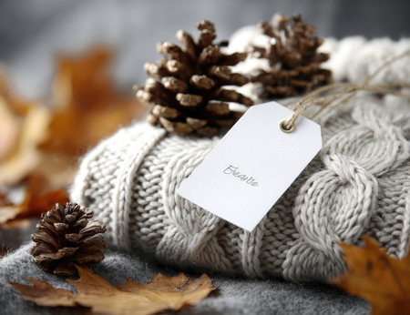 This image showcases a cozy arrangement of a knitted sweater, pinecones, and fall foliage. The composition features neutral tones of beige and brown, alongside the textures of wool and pine. A blank tag hangs from the sweater. Suitable for use in lifestyle or seasonal content.の素材