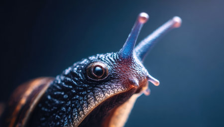 A detailed image presents a snail with a textured body and delicate antennae. The color palette features blues, browns, and hints of red, enhancing the visual interest. The close-up perspective and dark backdrop create a strong sense of focus. This image could be suitable for various commercial and editorial applications.の素材