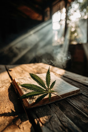 An overhead shot reveals a green cannabis leaf on an open antique book atop a weathered wooden surface. Rays of sunlight stream through a window, illuminating the scene. The image displays a vintage aesthetic. This photo is suitable for a variety of editorial and commercial applications.の素材