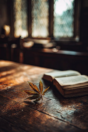 An open book and a leaf rest on a wooden table, bathed in soft sunlight filtering through a large window. The composition features a shallow depth of field, emphasizing textures and details. This image is suited for illustrating concepts related to education, nature, or literature. It may be used for various design projects.の素材