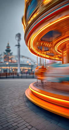 A carousel, bathed in warm orange and yellow light, spins rapidly. The composition highlights the blurred movement of the ride against a backdrop of a blurred fairground scene and a muted, overcast sky. The image may be suitable for advertising, recreational, or entertainment-themed projects.の素材