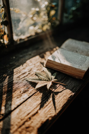 An open book and a leaf are resting on a rough wooden surface, lit by warm sunlight. The naturalistic composition features a shallow depth of field, emphasizing the textures of the wood and the intricate details of the leaf. This image evokes a sense of tranquility and can be suitable for various commercial or editorial applications.の素材