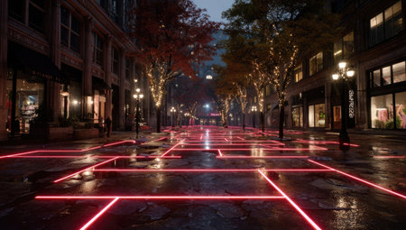 An urban scene depicts a city street at night, with neon-like lines illuminating the wet pavement. Buildings line the street, while trees add depth to the composition. The lighting creates a captivating atmosphere, potentially useful for creative projects and editorial content.の素材