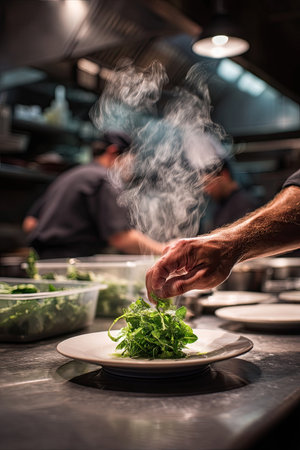 A close-up captures a chef meticulously arranging fresh greens on a plate, with steam rising above. The scene displays a busy kitchen setting with focused lighting. This image could be used in promotional material for food, culinary arts, or dining-related businesses.の素材